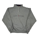 Vintage Spellout Tommy Hilfiger 1/4 Zip - XL Grey Cotton Blend
