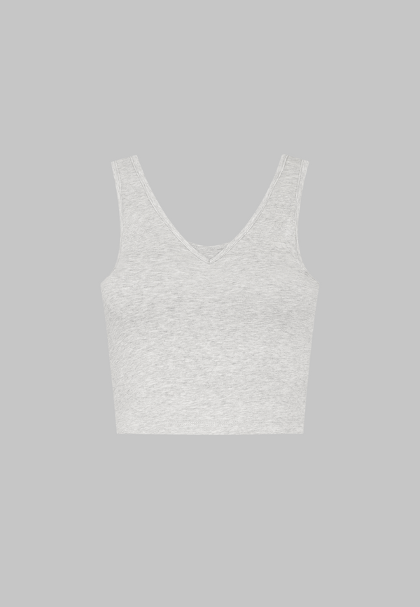 Organic Cotton V-Neck Cropped Tank Top, Light Grey Marl