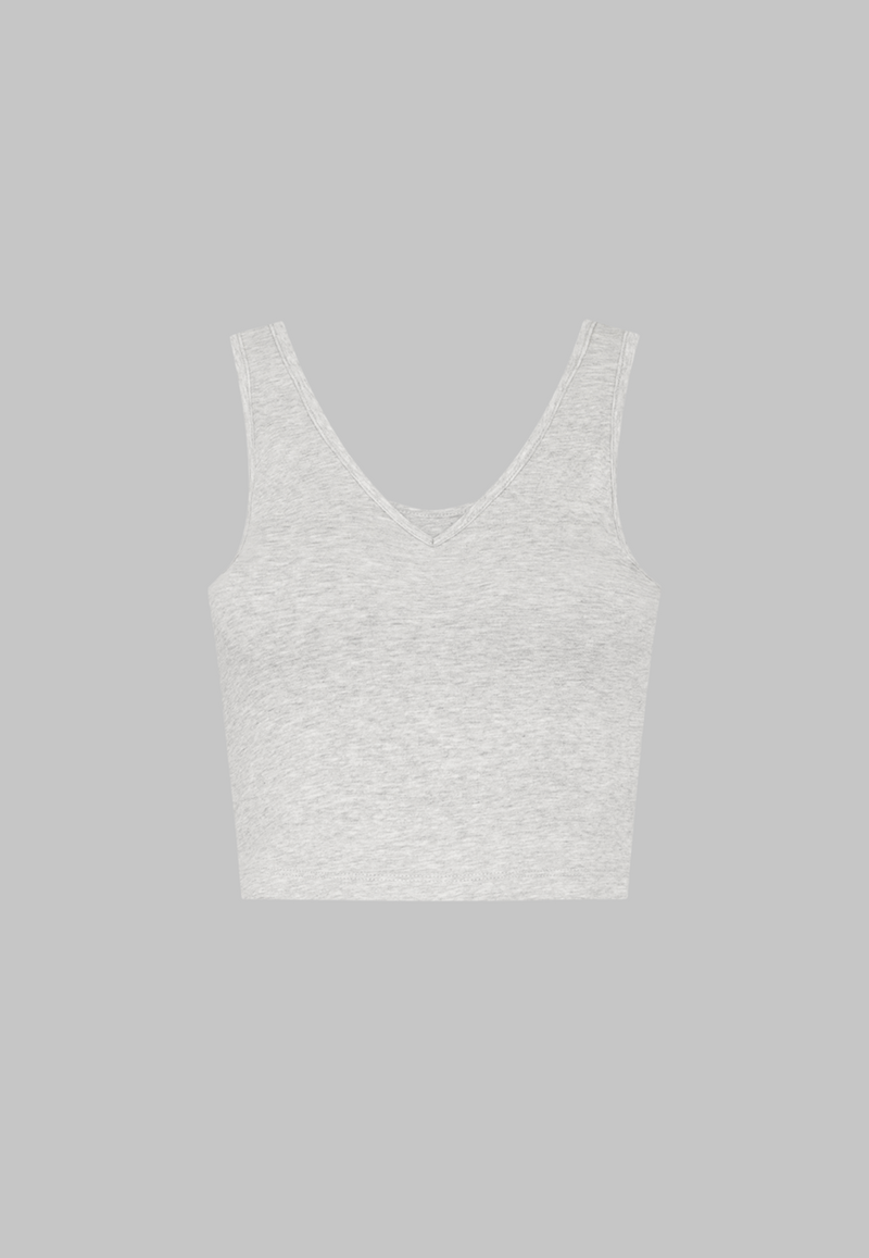Organic Cotton V-Neck Cropped Tank Top, Light Grey Marl