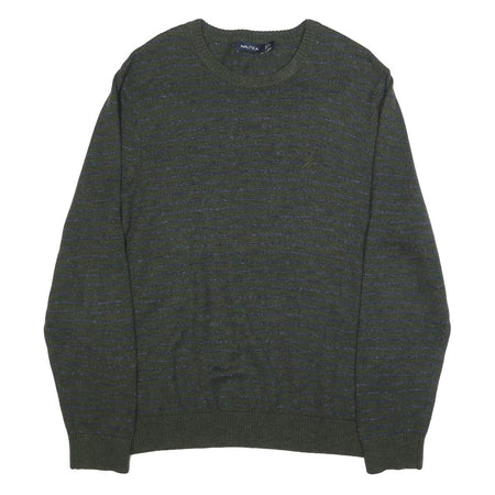 NAUTICA Mens Green & Blue Patterned Pullover Striped Crew Neck Basic Knit L
