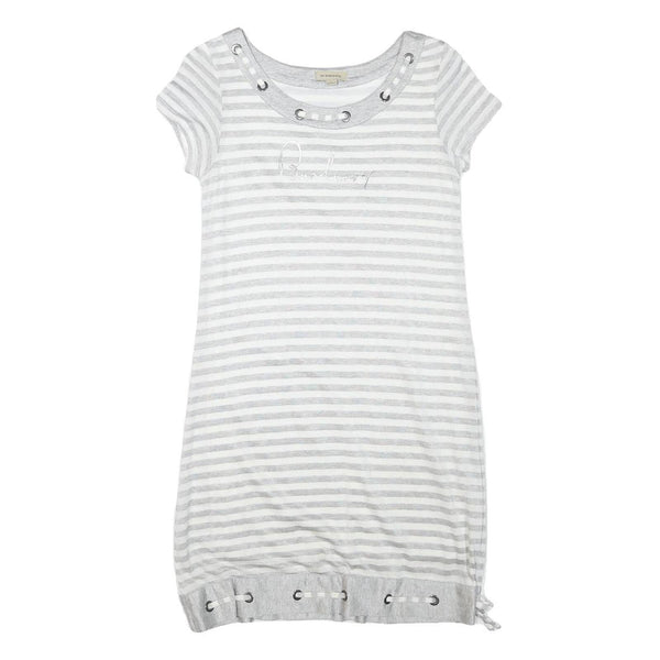 BURBERRY Girls Grey & White Stripe Day Jersey Dress M Cotton Blend Short Sleeve