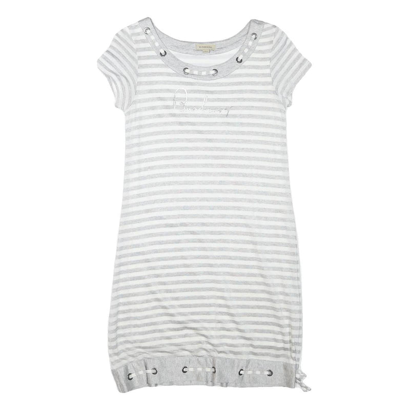 BURBERRY Girls Grey & White Stripe Day Jersey Dress M Cotton Blend Short Sleeve