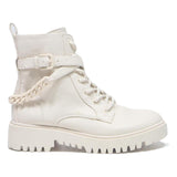 GUESS Womens Combat Boots Cream Leather UK 4.5 Stylish Lug Sole Chain Detail