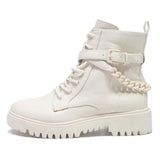 GUESS Womens Combat Boots Cream Leather UK 4.5 Stylish Lug Sole Chain Detail