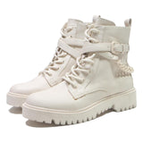 GUESS Womens Combat Boots Cream Leather UK 4.5 Stylish Lug Sole Chain Detail