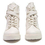 GUESS Womens Combat Boots Cream Leather UK 4.5 Stylish Lug Sole Chain Detail