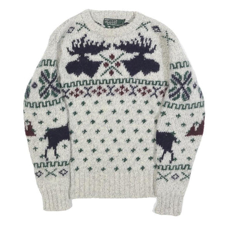 POLO RALPH LAUREN Boys Cream Patterned Wool Jumper Crew Neck Cable Knit M Winter