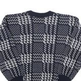 Mens Navy Blue & Grey Patterned Wool Blend Jumper Crew Neck Basic Knit M