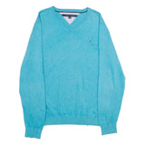 TOMMY HILFIGER Mens Blue Plain V-Neck Basic Knit Jumper XL Cotton Lightweight