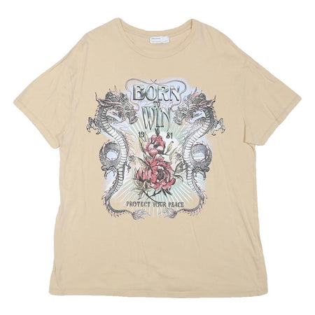 BERSHKA Mens Beige Cotton Blend Graphic T-Shirt XS Short Sleeve Crew Neck Born