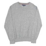 TOMMY HILFIGER Mens Grey Plain Cotton Jumper V-Neck Basic Knit 2XL Casual