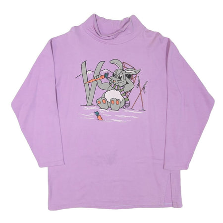 Womens Lilac Sweatshirt L Cartoon Bunny Graphic Roll Neck Cotton Blend Pullover