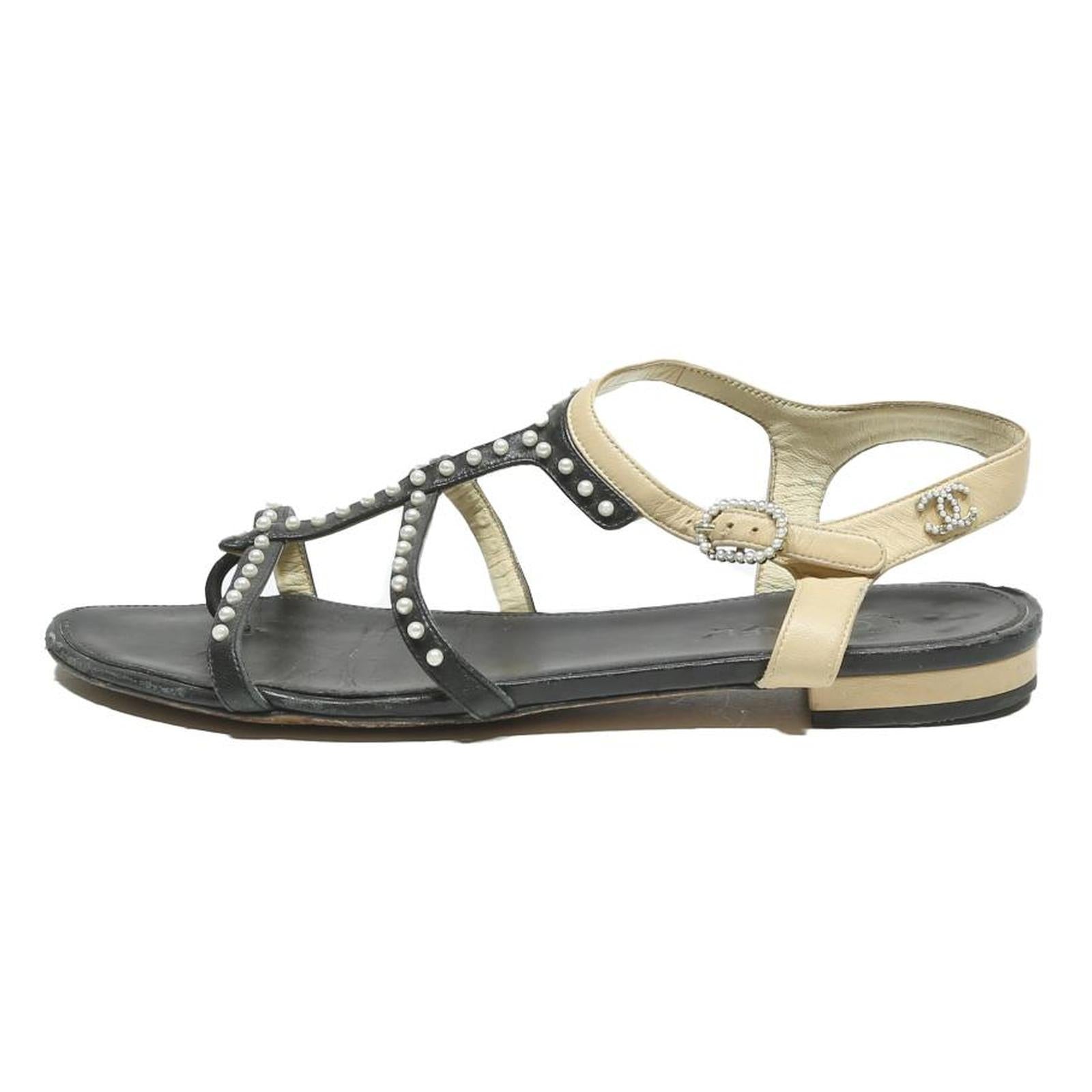 CHANEL Pearl Embellished Strappy Womens Leather Sandals Black & Beige UK 6.5