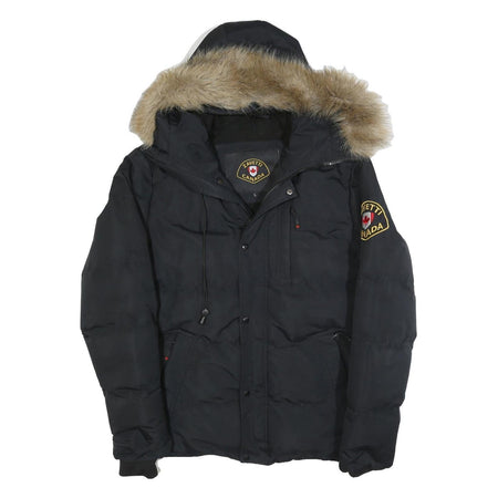 ZAVETTI Mens Black Bomber Jacket L Polyester Quilted Puffer Fur Hooded Warm