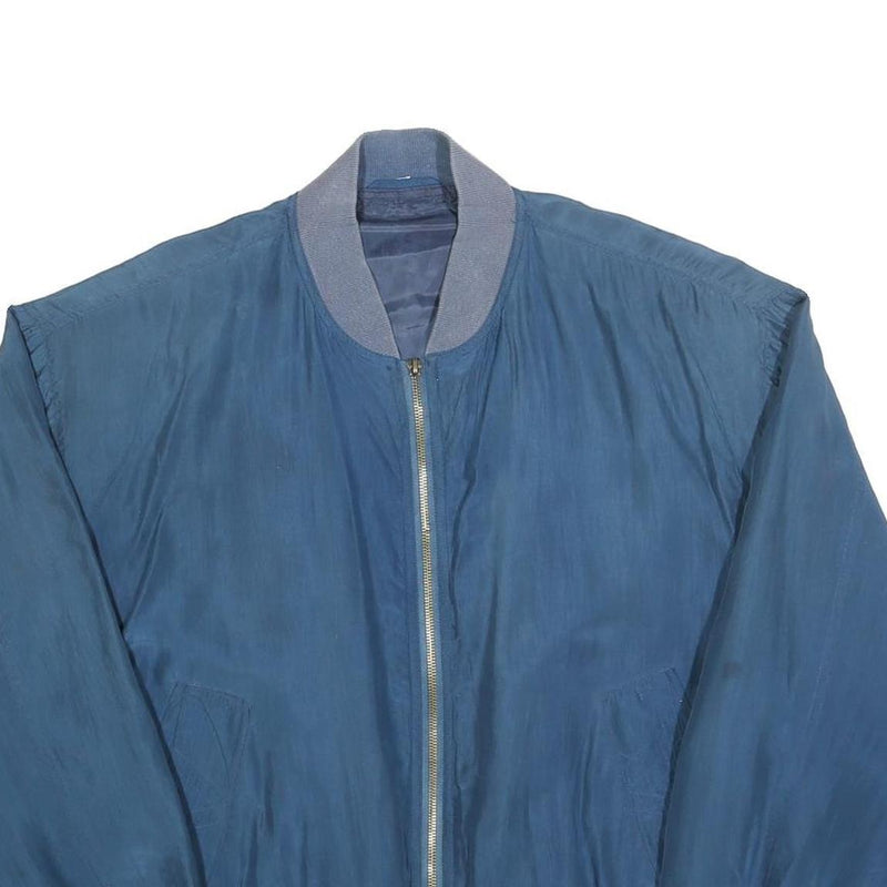 Mens Blue Silk Zip Jacket M Plain Classic Bomber Style Lightweight