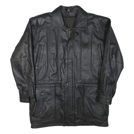 Mens Black Leather Zip Jacket L Plain Classic Long Sleeve Pocketed Outerwear