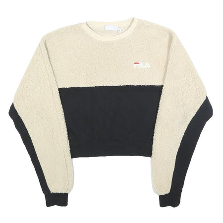 FILA Womens Cream & Black Crew Neck S Sherpa Fleece Sweatshirt Crop Top