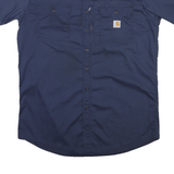 CARHARTT Mens Blue Work Shirt L Automotive Logo Button Pockets Durable