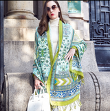 Anyyou 100% Pure Merino Wool Poncho Scarf for Women – Green Garden Vines Pattern Oversized Winter Pashmina Shawl Wrap