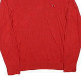 TOMMY HILFIGER Mens Red Plain V-Neck Basic Knit Jumper S Cotton Blend Light