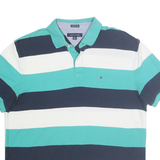 TOMMY HILFIGER Mens Blue & White Striped Polo Shirt XL Cotton Blend Casual