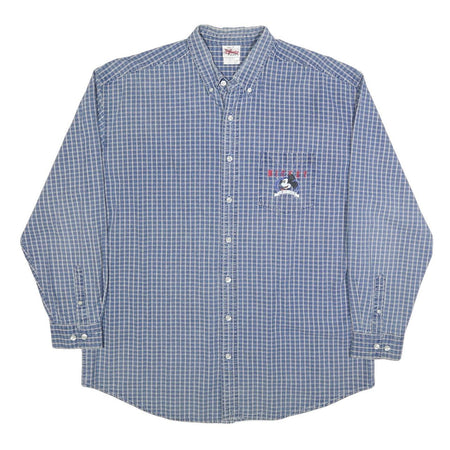 DISNEY Mens Blue Check Cotton Shirt L Mickey Embroidered Pocket Casual