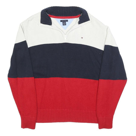TOMMY HILFIGER Boys White & Navy & Red Colourblock Jumper Half Zip Cable Knit XL