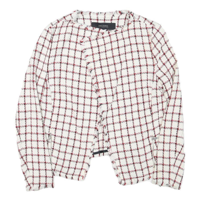 ZARA BASIC Womens White & Red Checked Classic Jacket M Cotton Blend Tweed