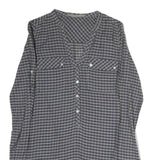 ZARA Womens Grey Blue Check Basic Shirt Long Sleeve V-Neck S Cotton Blend Casual