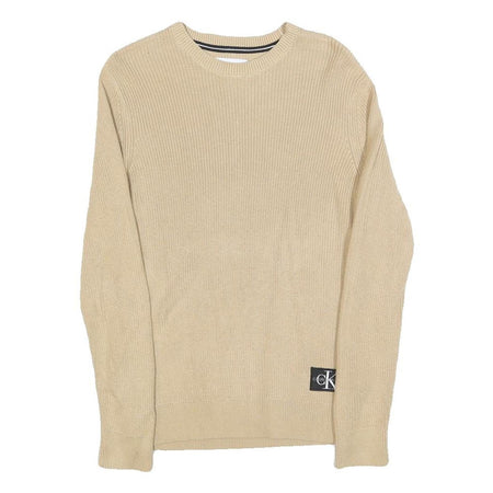 CALVIN KLEIN JEANS Womens Beige Plain Cotton Basic Knit Jumper M Soft Comfort