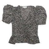 MORGAN Womens Y2K Black Printed Puff Sleeve V-Neck Top M Floral Pattern