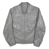 Mens Grey Leather Zip Jacket M Leather Plain Button Collar
