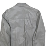 Mens Grey Leather Zip Jacket M Leather Plain Button Collar