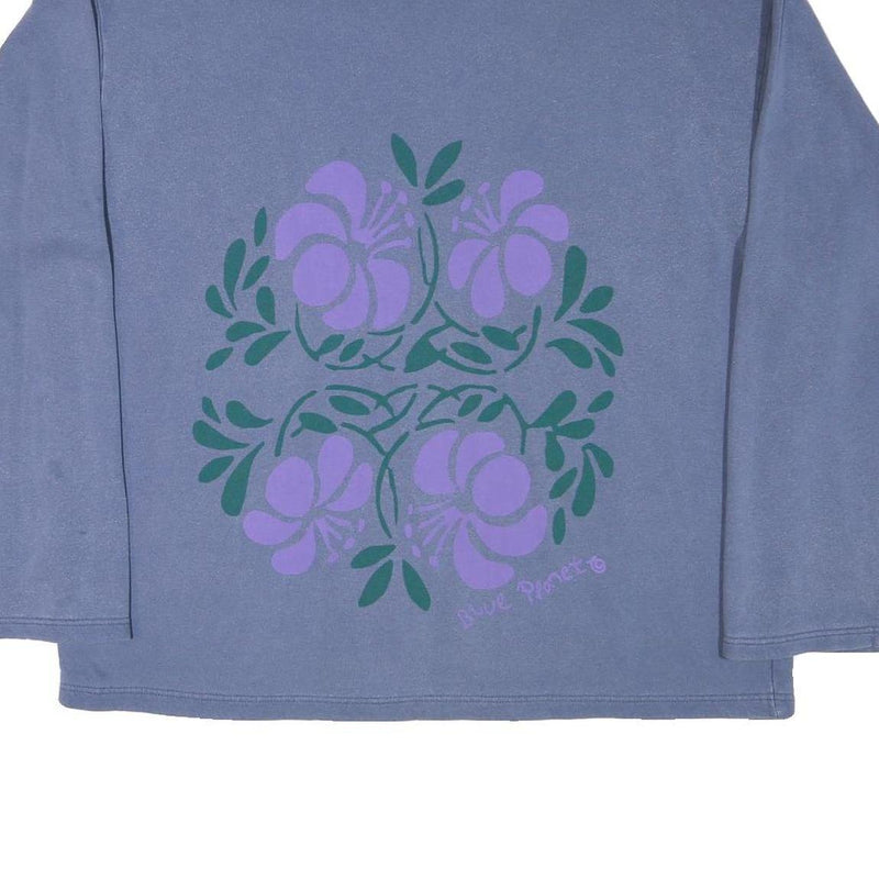 Mens Blue Sweatshirt XL Floral Graphic Crew Neck Cotton Blend Casual