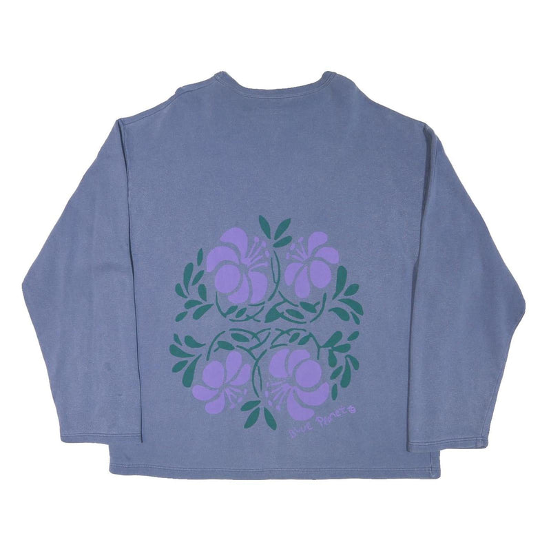 Mens Blue Sweatshirt XL Floral Graphic Crew Neck Cotton Blend Casual