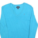 TOMMY HILFIGER Womens Blue Plain V-Neck Basic Knit Jumper S Lightweight Cotton