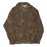 Womens Brown Black Animal Print Long Sleeve Collared Blouse L Polyester Blend