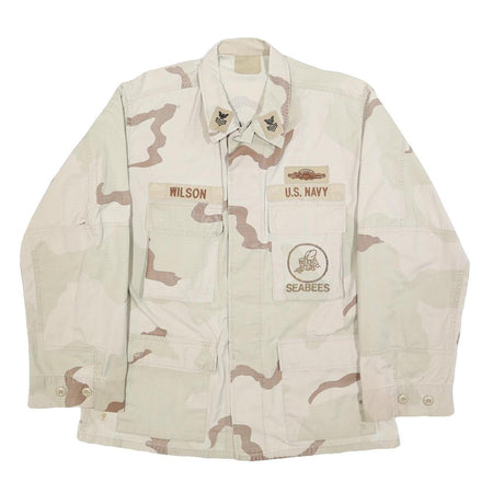 Mens Beige Cotton Blend Military Button Jacket M Plain Naval Seabees Style