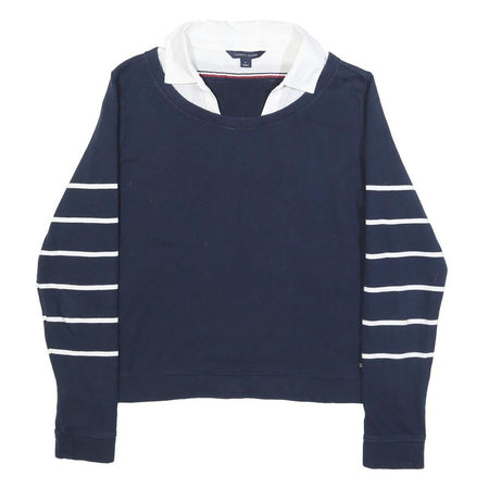TOMMY HILFIGER Womens Navy Blue & White Plain Jumper Crew Neck Basic Knit M