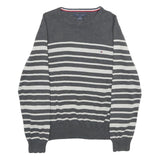 TOMMY HILFIGER Mens Grey & White Patterned Cotton Jumper Crew Neck M Striped