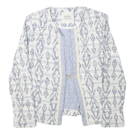 EDC Womens Blue & White Cotton Blend Patterned Button Jacket S Woven Lightweight