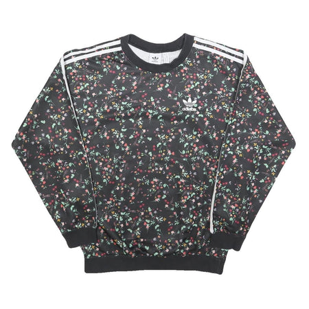 ADIDAS Womens Black Floral Print Crew Neck UK 10 Sweatshirt 3-Stripes