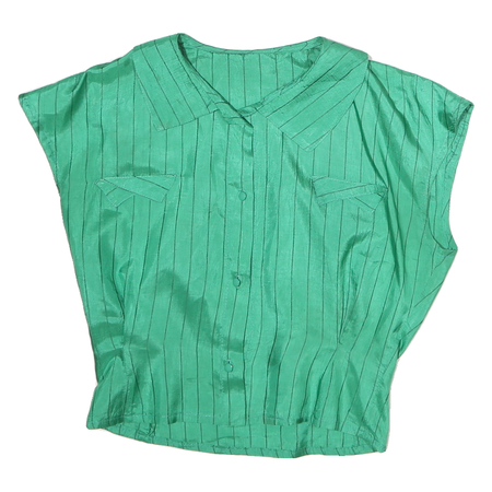 Womens Green Striped Basic Top Sleeveless Collared M Button Front Lightweight