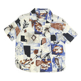 Womens Blue Brown Cream Abstract Floral Printed Basic Shirt Short Sleeve