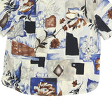 Womens Blue Brown Cream Abstract Floral Printed Basic Shirt Short Sleeve