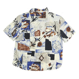 Womens Blue Brown Cream Abstract Floral Printed Basic Shirt Short Sleeve