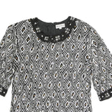 FRANK USHER Womens Black Printed Top Short Sleeve Round Neck S Beaded
