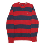 TOMMY HILFIGER Mens Red & Navy Stripe Patterned Cotton Jumper Crew Neck Basic