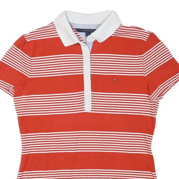 TOMMY HILFIGER Womens Red & White Stripe Short Sleeve Polo Shirt M Cotton Blend