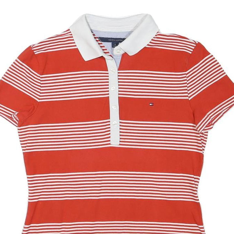 TOMMY HILFIGER Womens Red & White Stripe Short Sleeve Polo Shirt M Cotton Blend